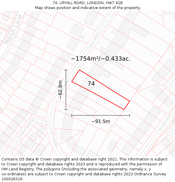 74, UPHILL ROAD, LONDON, NW7 4QE: Plot and title map