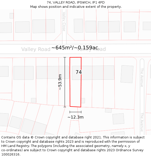 74, VALLEY ROAD, IPSWICH, IP1 4PD: Plot and title map