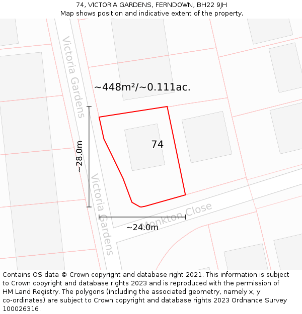 74, VICTORIA GARDENS, FERNDOWN, BH22 9JH: Plot and title map