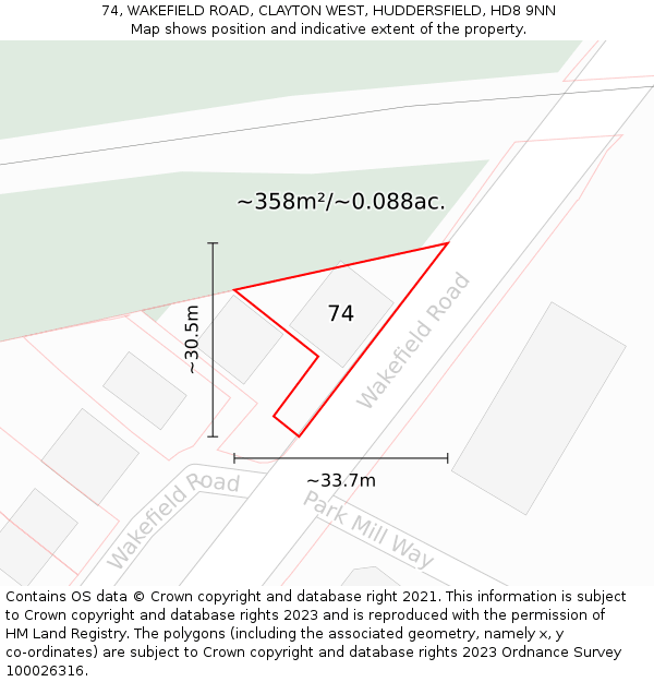 74, WAKEFIELD ROAD, CLAYTON WEST, HUDDERSFIELD, HD8 9NN: Plot and title map