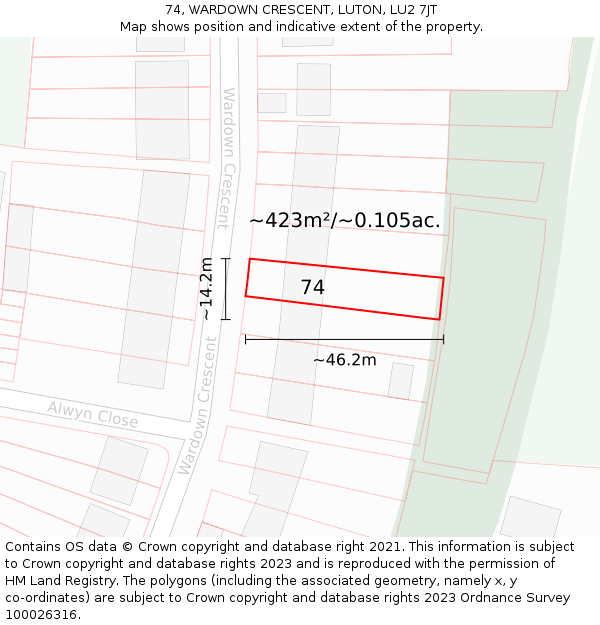 74, WARDOWN CRESCENT, LUTON, LU2 7JT: Plot and title map