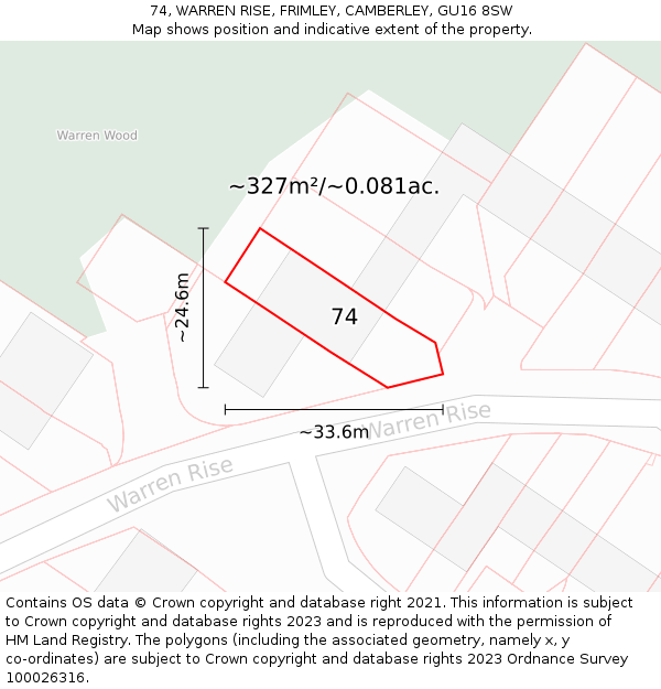 74, WARREN RISE, FRIMLEY, CAMBERLEY, GU16 8SW: Plot and title map