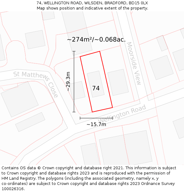 74, WELLINGTON ROAD, WILSDEN, BRADFORD, BD15 0LX: Plot and title map