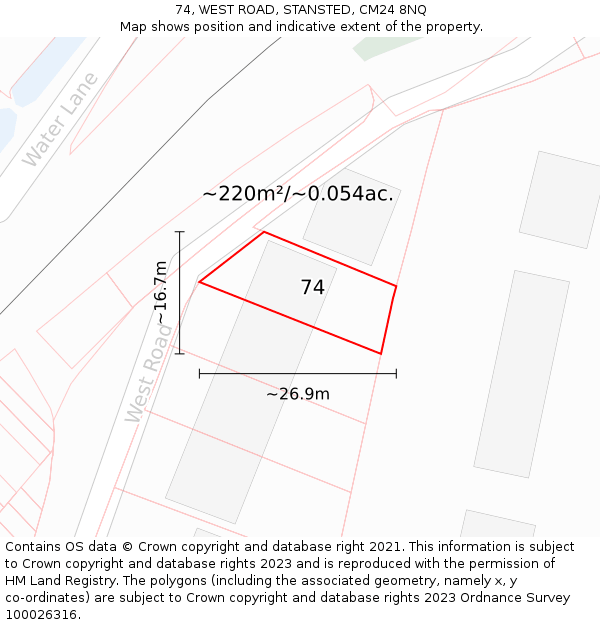 74, WEST ROAD, STANSTED, CM24 8NQ: Plot and title map