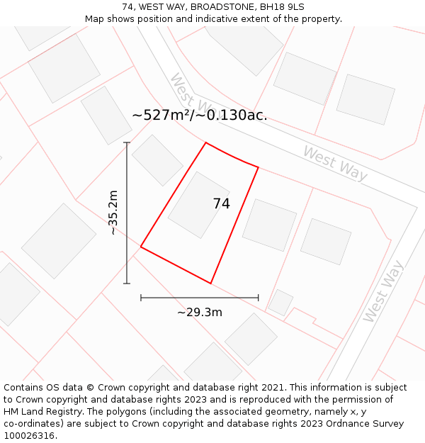 74, WEST WAY, BROADSTONE, BH18 9LS: Plot and title map