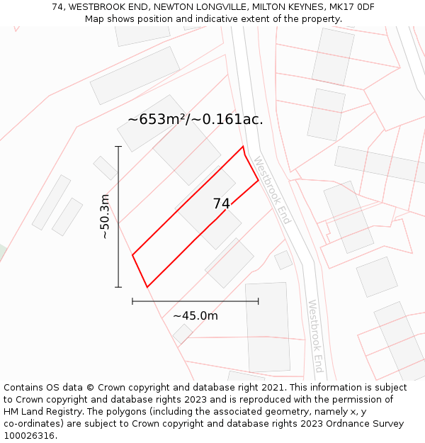 74, WESTBROOK END, NEWTON LONGVILLE, MILTON KEYNES, MK17 0DF: Plot and title map