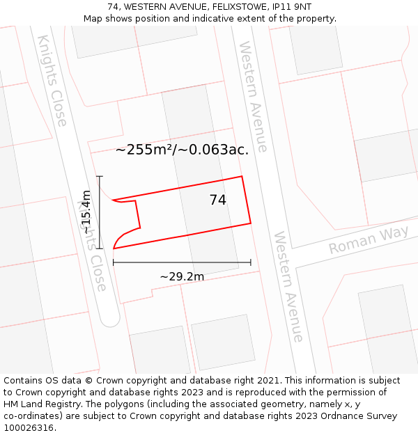 74, WESTERN AVENUE, FELIXSTOWE, IP11 9NT: Plot and title map