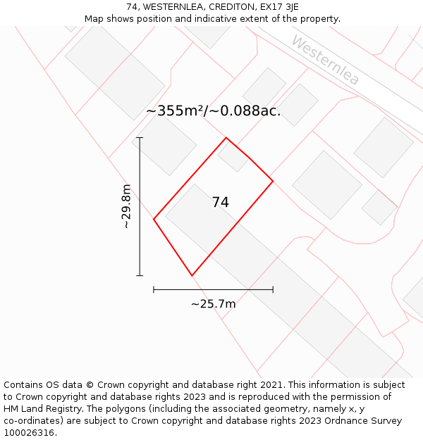 74, WESTERNLEA, CREDITON, EX17 3JE: Plot and title map