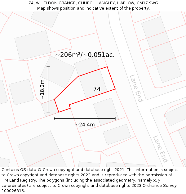 74, WHIELDON GRANGE, CHURCH LANGLEY, HARLOW, CM17 9WG: Plot and title map