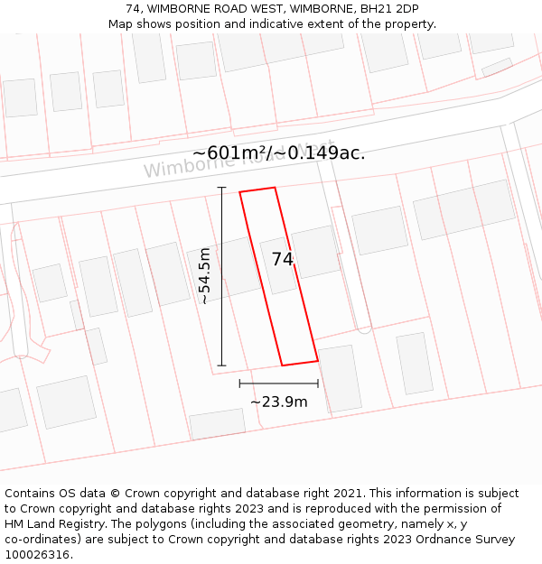 74, WIMBORNE ROAD WEST, WIMBORNE, BH21 2DP: Plot and title map