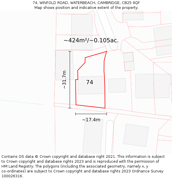 74, WINFOLD ROAD, WATERBEACH, CAMBRIDGE, CB25 9QF: Plot and title map