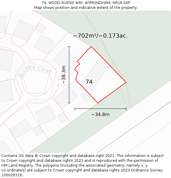 74, WOOD AVENS WAY, WYMONDHAM, NR18 0XP: Plot and title map
