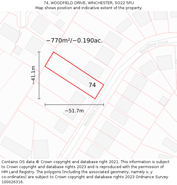 74, WOODFIELD DRIVE, WINCHESTER, SO22 5PU: Plot and title map