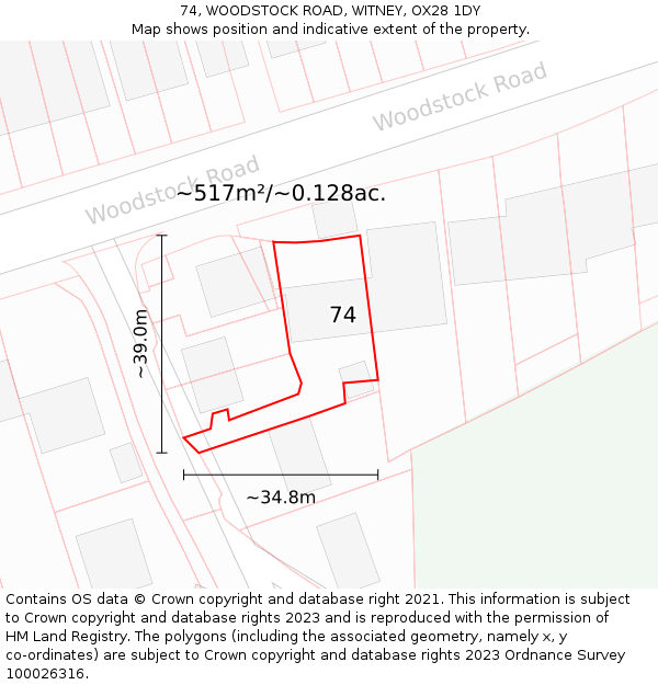 74, WOODSTOCK ROAD, WITNEY, OX28 1DY: Plot and title map