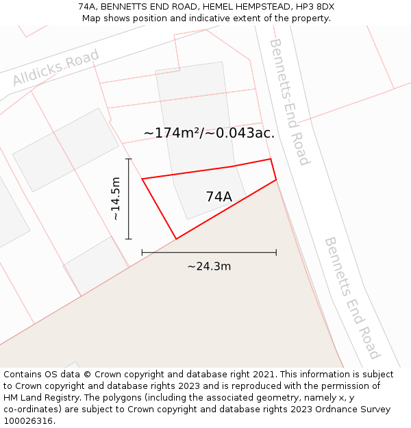 74A, BENNETTS END ROAD, HEMEL HEMPSTEAD, HP3 8DX: Plot and title map