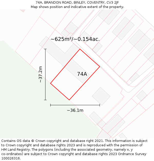 74A, BRANDON ROAD, BINLEY, COVENTRY, CV3 2JF: Plot and title map