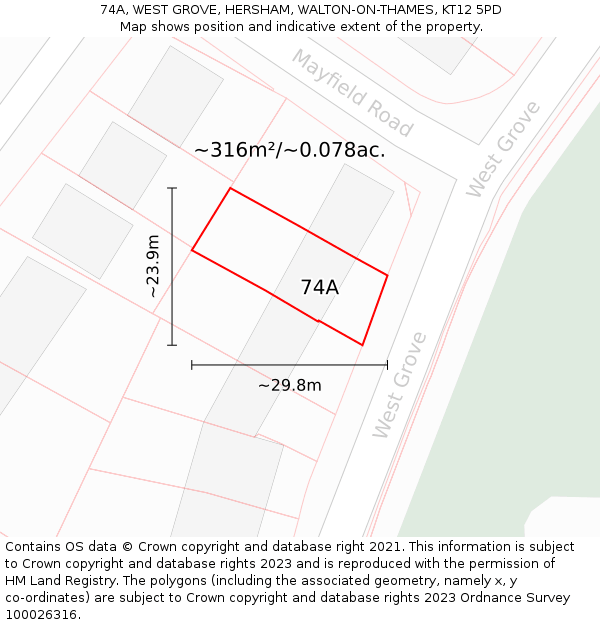 74A, WEST GROVE, HERSHAM, WALTON-ON-THAMES, KT12 5PD: Plot and title map