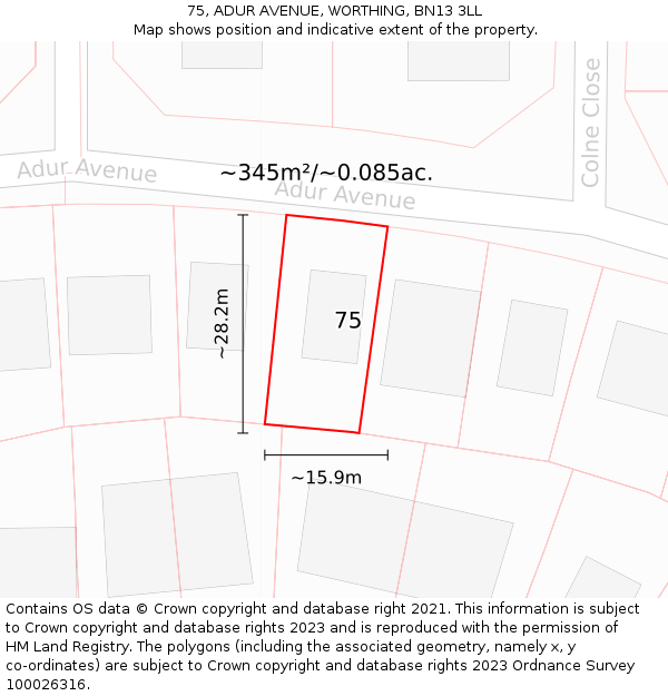 75, ADUR AVENUE, WORTHING, BN13 3LL: Plot and title map