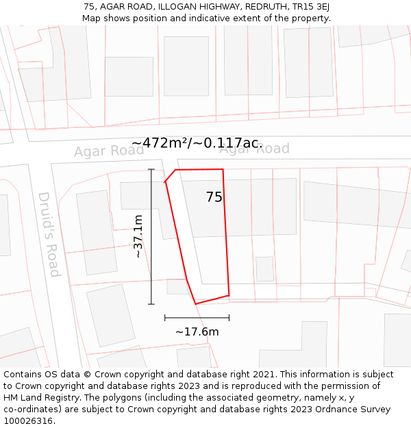 75, AGAR ROAD, ILLOGAN HIGHWAY, REDRUTH, TR15 3EJ: Plot and title map