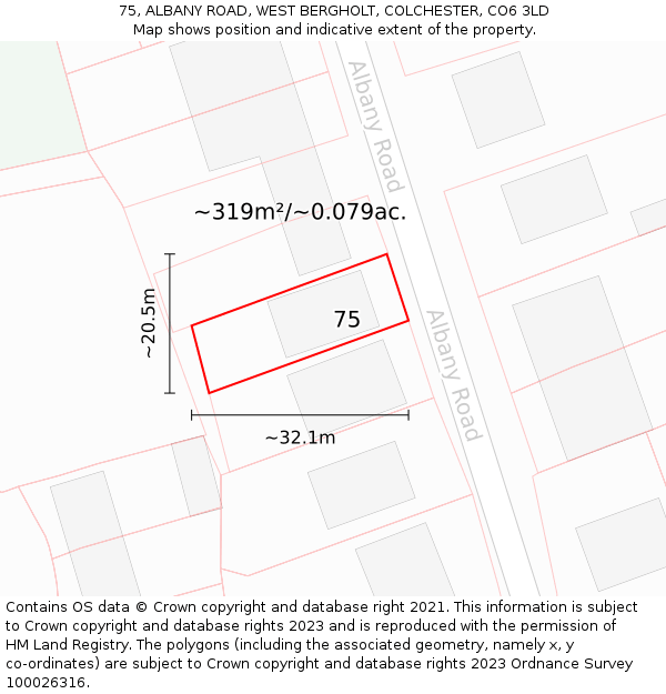 75, ALBANY ROAD, WEST BERGHOLT, COLCHESTER, CO6 3LD: Plot and title map