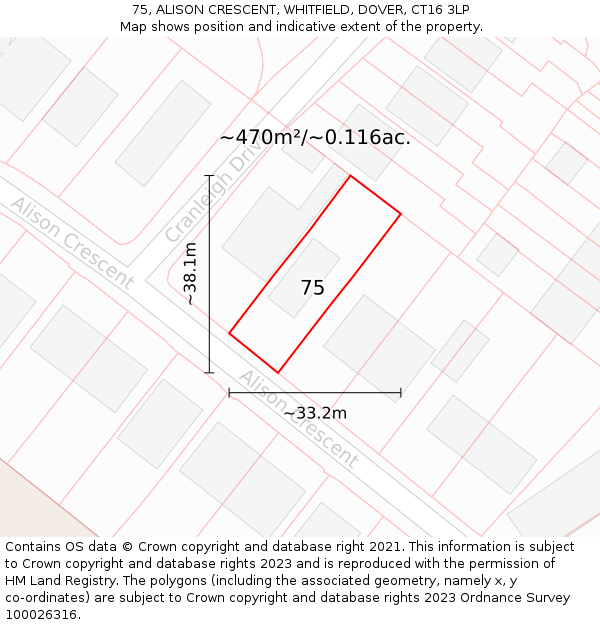 75, ALISON CRESCENT, WHITFIELD, DOVER, CT16 3LP: Plot and title map
