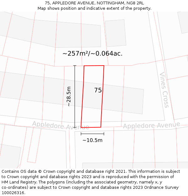 75, APPLEDORE AVENUE, NOTTINGHAM, NG8 2RL: Plot and title map