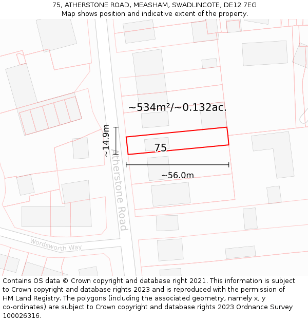 75, ATHERSTONE ROAD, MEASHAM, SWADLINCOTE, DE12 7EG: Plot and title map