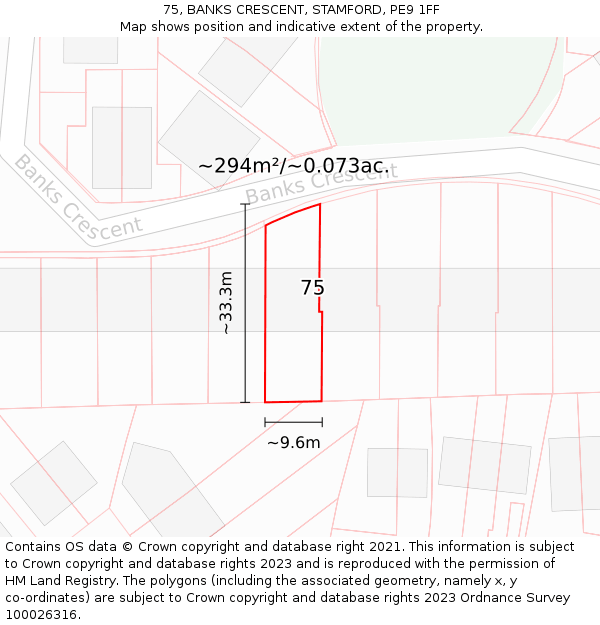 75, BANKS CRESCENT, STAMFORD, PE9 1FF: Plot and title map