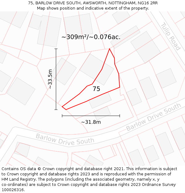 75, BARLOW DRIVE SOUTH, AWSWORTH, NOTTINGHAM, NG16 2RR: Plot and title map