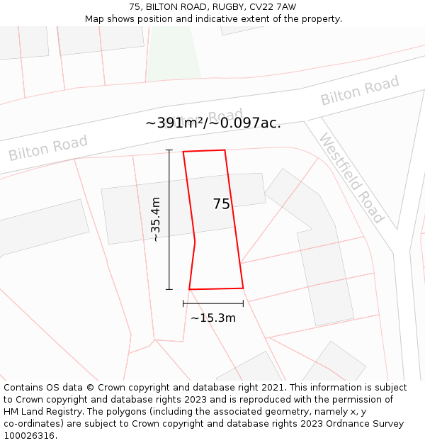 75, BILTON ROAD, RUGBY, CV22 7AW: Plot and title map