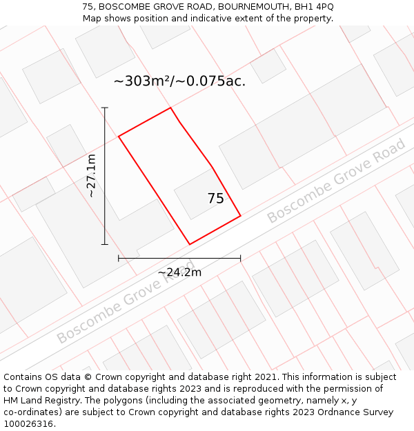 75, BOSCOMBE GROVE ROAD, BOURNEMOUTH, BH1 4PQ: Plot and title map