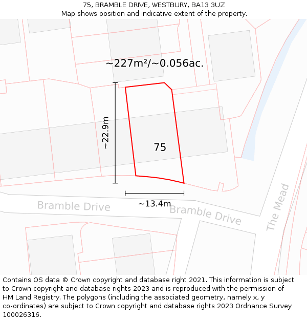 75, BRAMBLE DRIVE, WESTBURY, BA13 3UZ: Plot and title map