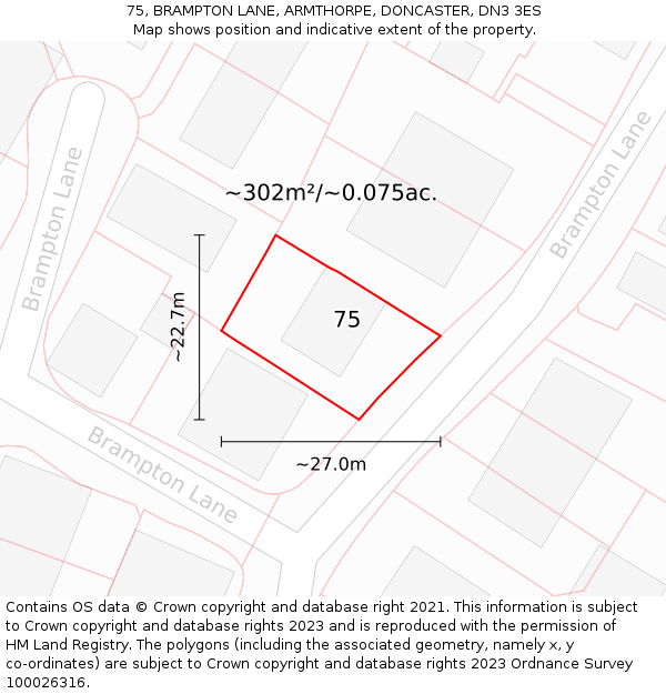 75, BRAMPTON LANE, ARMTHORPE, DONCASTER, DN3 3ES: Plot and title map