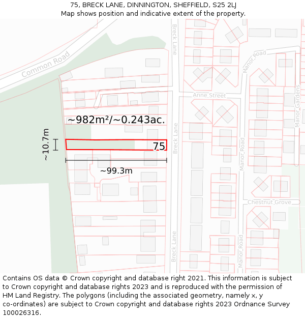 75, BRECK LANE, DINNINGTON, SHEFFIELD, S25 2LJ: Plot and title map