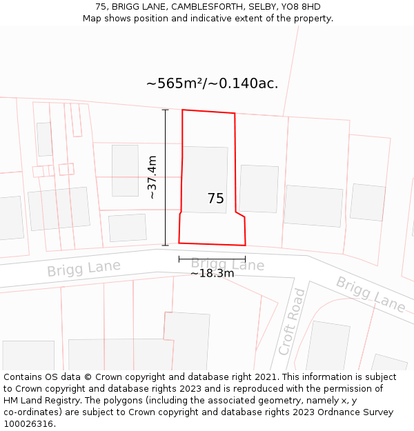 75, BRIGG LANE, CAMBLESFORTH, SELBY, YO8 8HD: Plot and title map