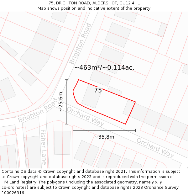 75, BRIGHTON ROAD, ALDERSHOT, GU12 4HL: Plot and title map