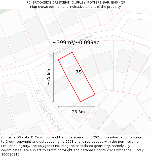 75, BROOKSIDE CRESCENT, CUFFLEY, POTTERS BAR, EN6 4QP: Plot and title map