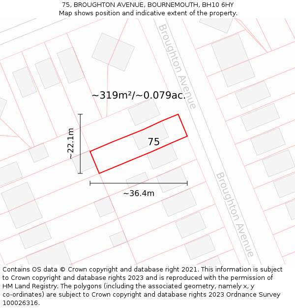 75, BROUGHTON AVENUE, BOURNEMOUTH, BH10 6HY: Plot and title map