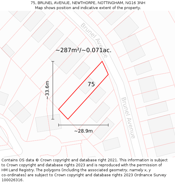 75, BRUNEL AVENUE, NEWTHORPE, NOTTINGHAM, NG16 3NH: Plot and title map