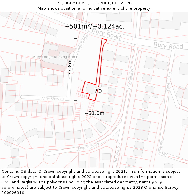 75, BURY ROAD, GOSPORT, PO12 3PR: Plot and title map