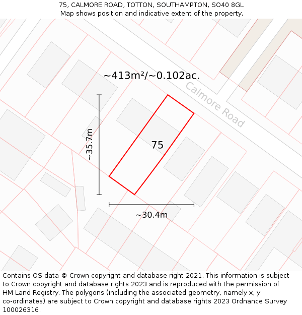 75, CALMORE ROAD, TOTTON, SOUTHAMPTON, SO40 8GL: Plot and title map