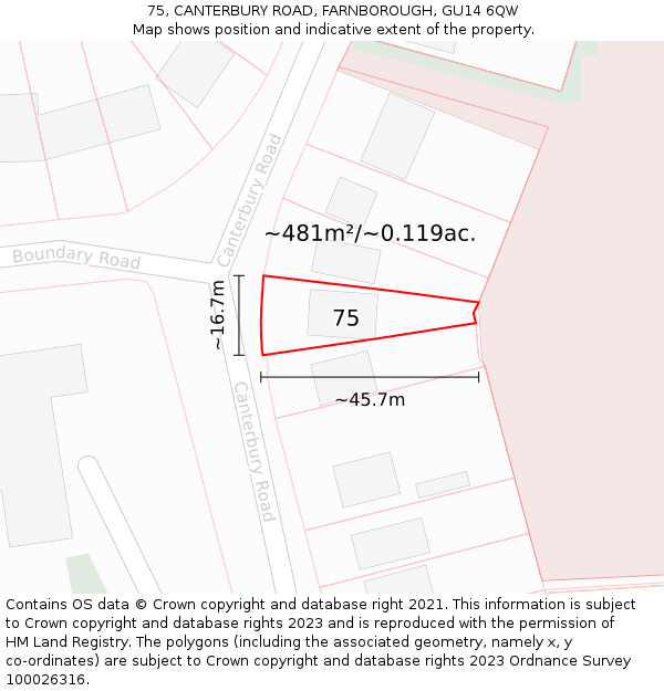 75, CANTERBURY ROAD, FARNBOROUGH, GU14 6QW: Plot and title map