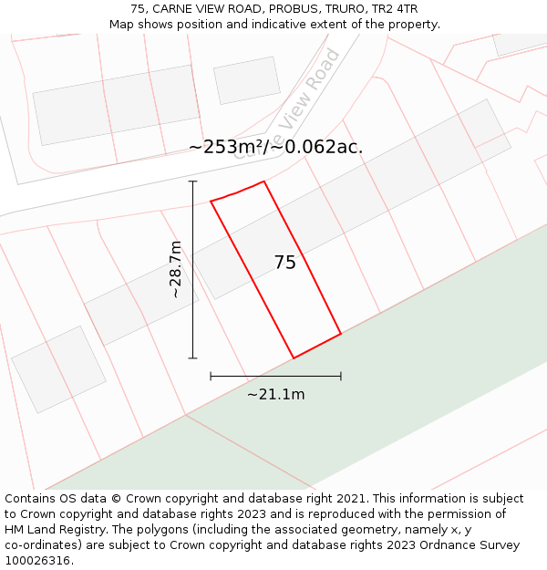 75, CARNE VIEW ROAD, PROBUS, TRURO, TR2 4TR: Plot and title map