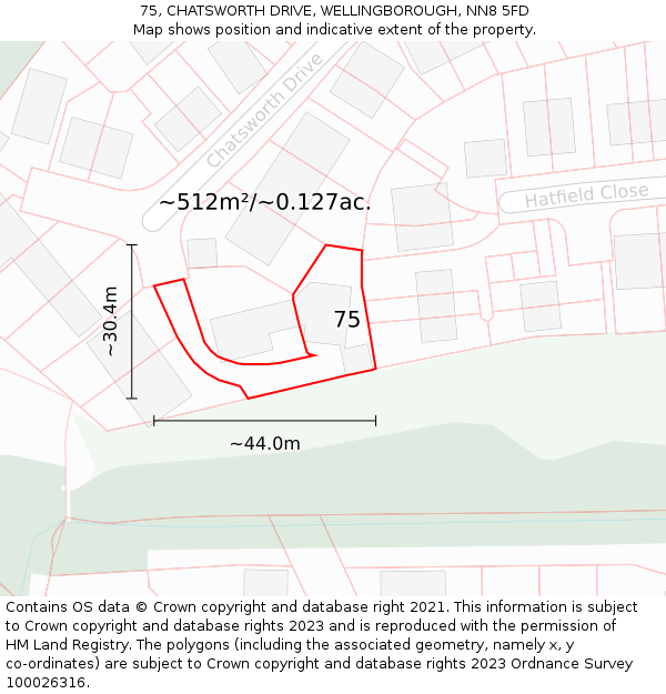 75, CHATSWORTH DRIVE, WELLINGBOROUGH, NN8 5FD: Plot and title map