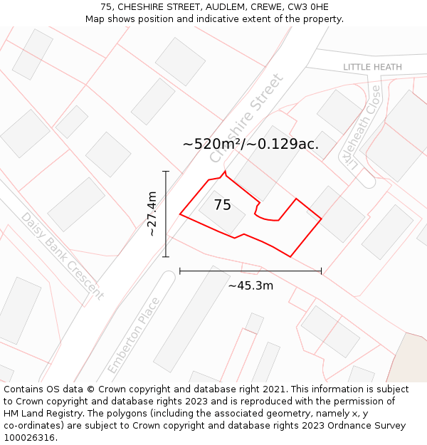 75, CHESHIRE STREET, AUDLEM, CREWE, CW3 0HE: Plot and title map