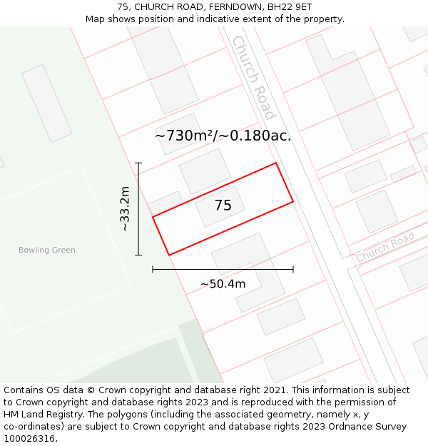 75, CHURCH ROAD, FERNDOWN, BH22 9ET: Plot and title map