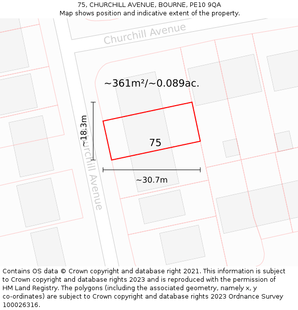 75, CHURCHILL AVENUE, BOURNE, PE10 9QA: Plot and title map