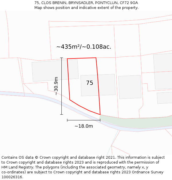 75, CLOS BRENIN, BRYNSADLER, PONTYCLUN, CF72 9GA: Plot and title map