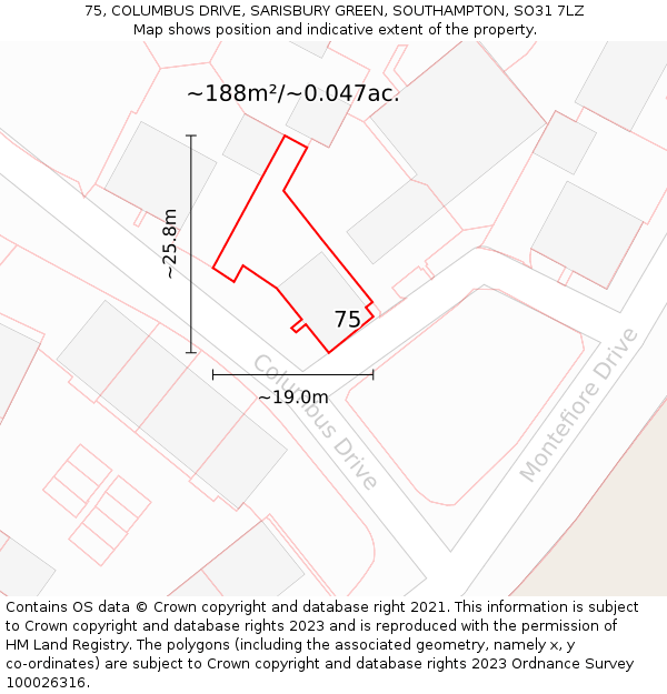 75, COLUMBUS DRIVE, SARISBURY GREEN, SOUTHAMPTON, SO31 7LZ: Plot and title map