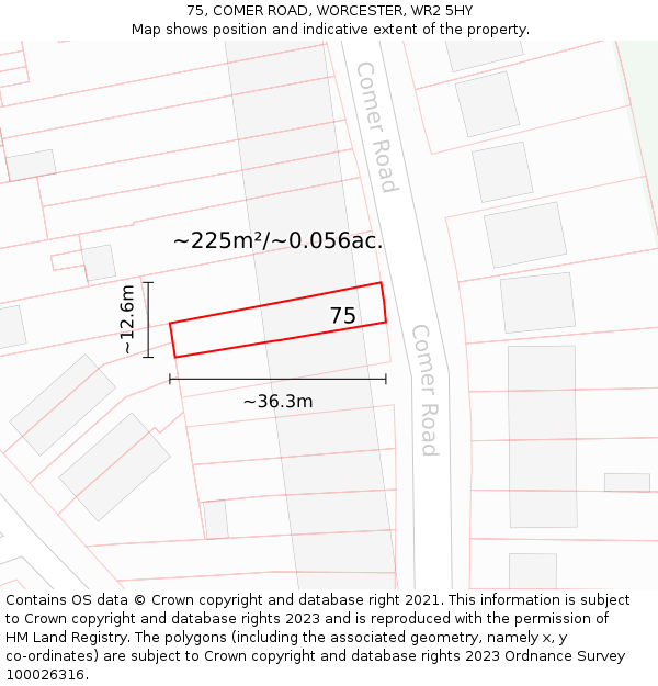 75, COMER ROAD, WORCESTER, WR2 5HY: Plot and title map